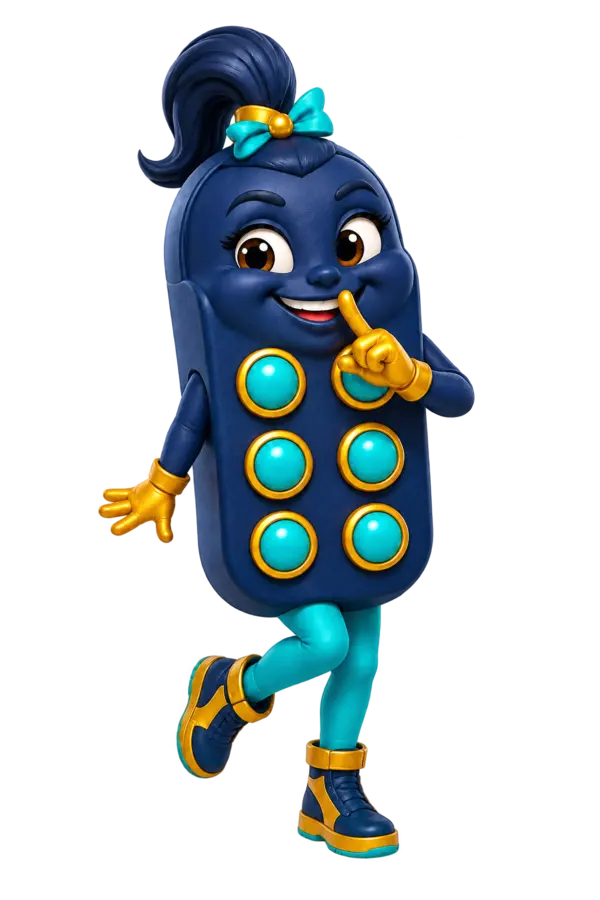 Dotty, a playful navy Braille-cell character with a high navy ponytail, large brown eyes, gold gloves, aqua leggings and six large aqua dots ringed in gold across her body. She stands on one foot with a mischievous smile.