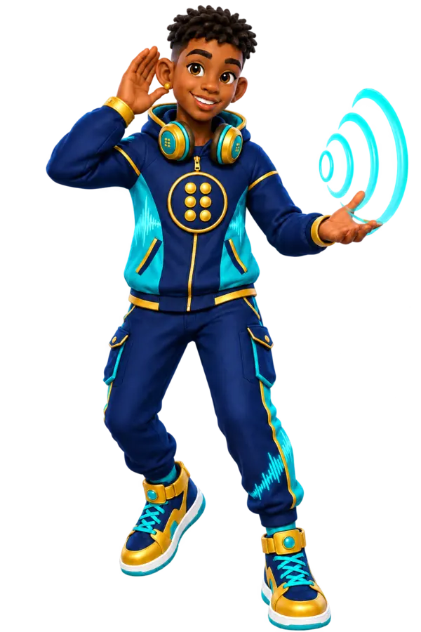 Echo, a smiling Black Bahamian teenager with short twists, wearing a navy hoodie with aqua sound-wave panels, gold trim, headphones and a six-dot chest emblem. Echo cups one ear and holds glowing aqua sound rings above one hand.