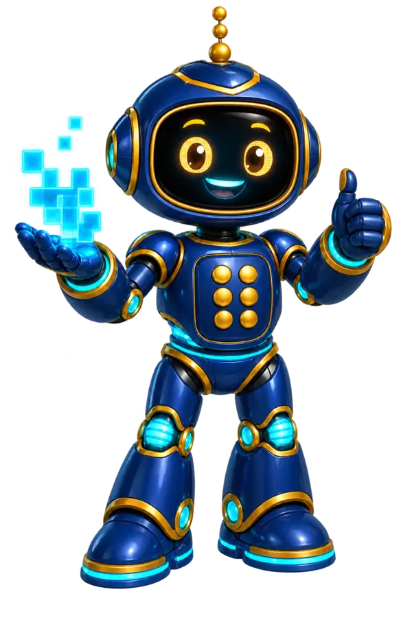 Glitch, a friendly rounded navy robot with a smiling dark face screen, glowing gold eyes, aqua illuminated joints, gold trim, six gold chest dots, a three-dot antenna and a floating aqua pixel puzzle above one hand.