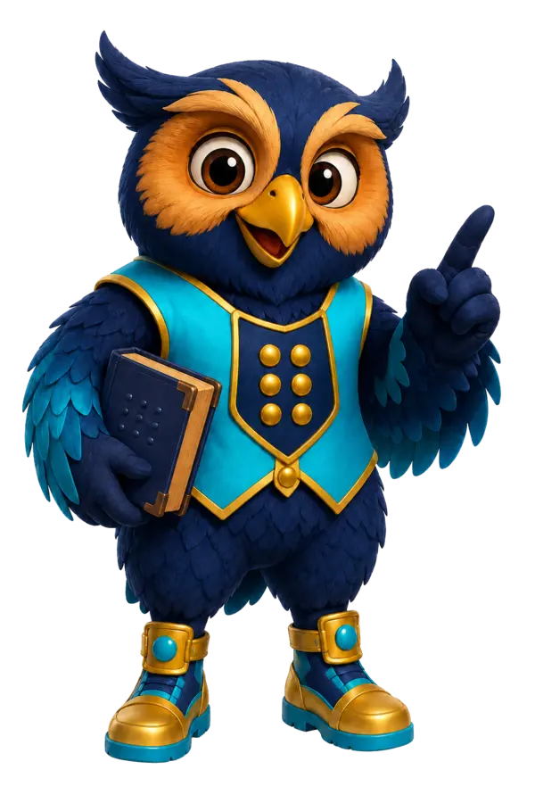 Ozzie, the wise navy owl guide holding a tactile book.